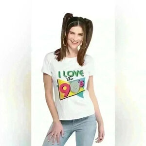 BNWT Adult 1990s "I Love The 90's" Retro T-Shirt, White Multi-Coloured, L/XL